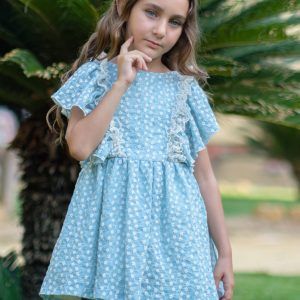 Vestido infantil azul bordado beige Vera