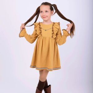 Vestido Infantil doble gasa con fornitura metal mostaza