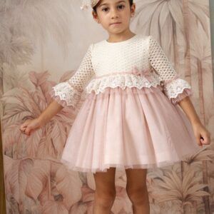 Vestido Alba rosa con beige manga francesa