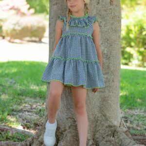 Vestido Vichy azul marino con verde cuello engomado Rayo